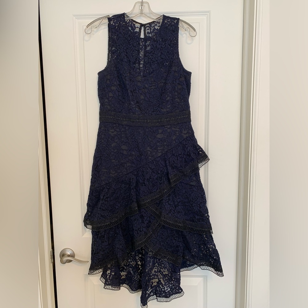 Eliza J cocktail/ formal dress . Navy Blue . Sleeveless, lace. Size 8